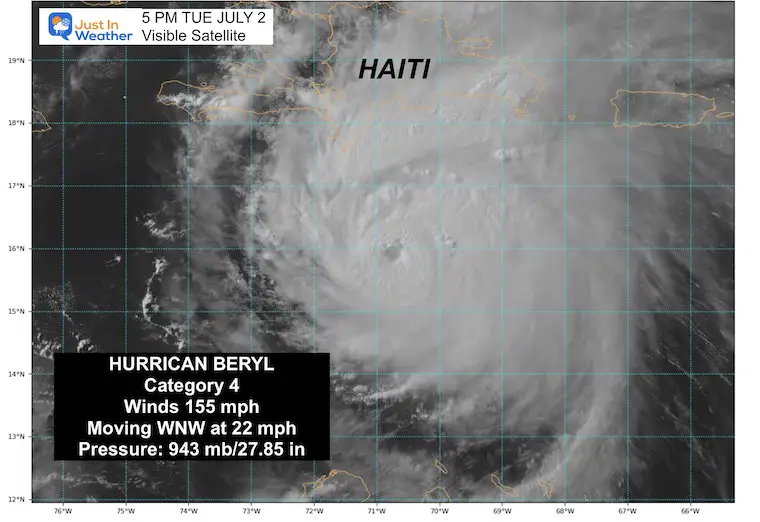 July 2 Hurricane Beryl Visible Evening Satellite Category 4