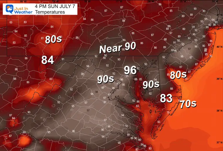 July 6 weather temperatures Sunday afternoon