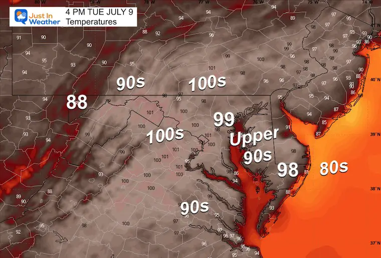 July 9 weather temperatures Tuesday afternoon 