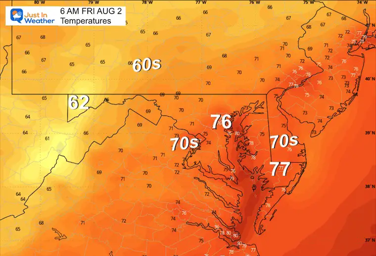 August 1 weather temperatures Friday morning
