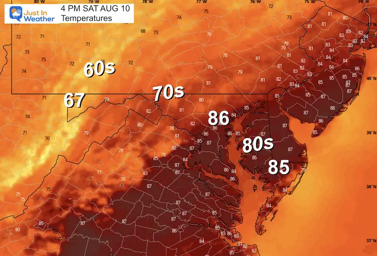 August 10 weather temperatures Saturday afternoon