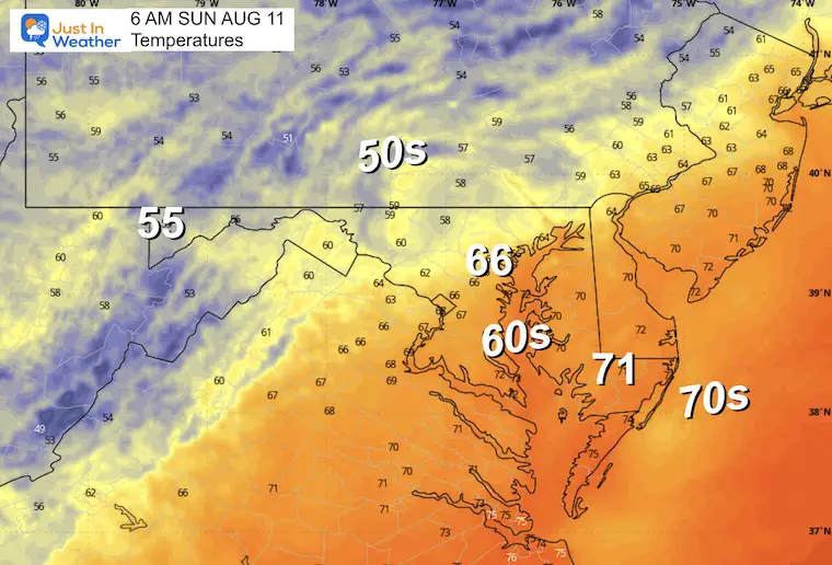 August 10 weather temperatures Sunday morning