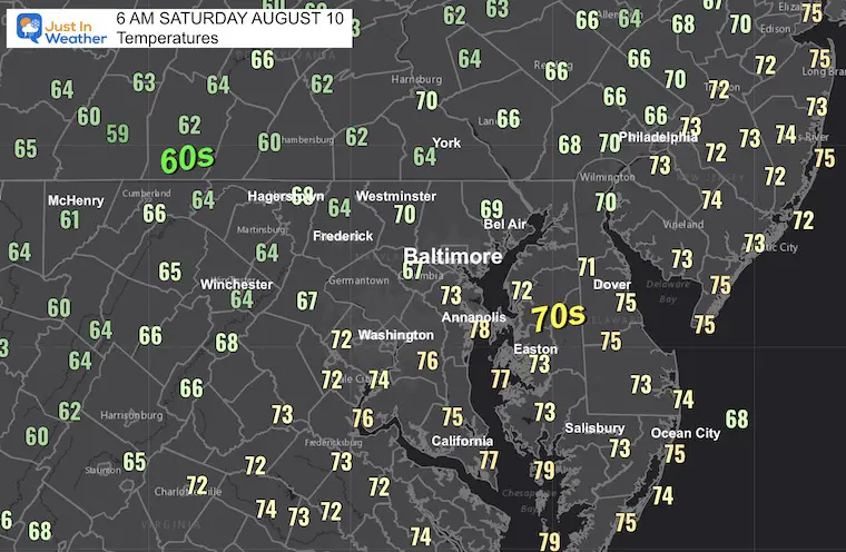 August 10 weather temperatures Saturday morning 