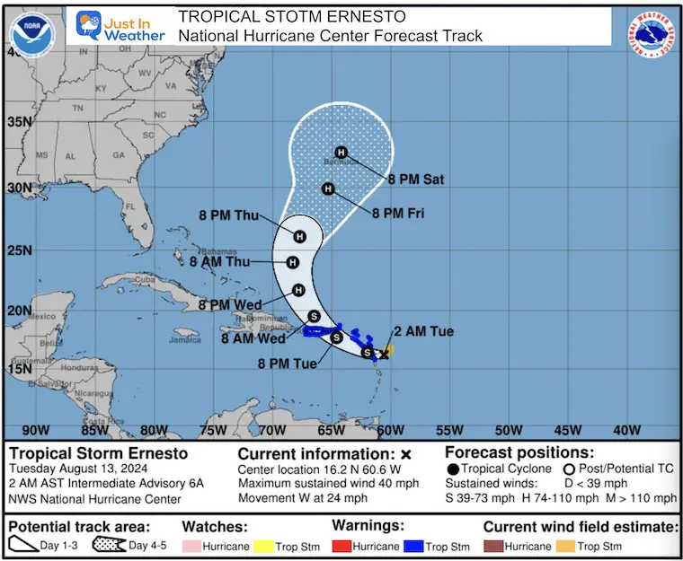 August 13 Tropical Storm Ernesto forecast track NHC