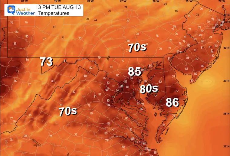 August 13 weather forecast temperatures Tuesday afternoon