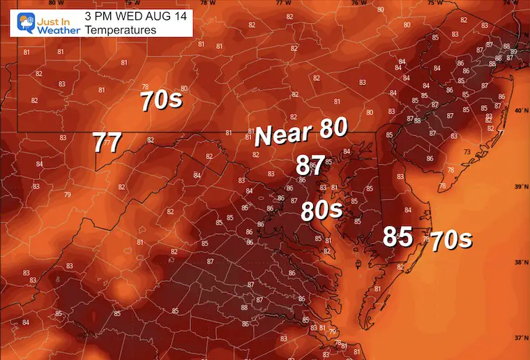 August 13 weather forecast temperatures Wednesday afternoon