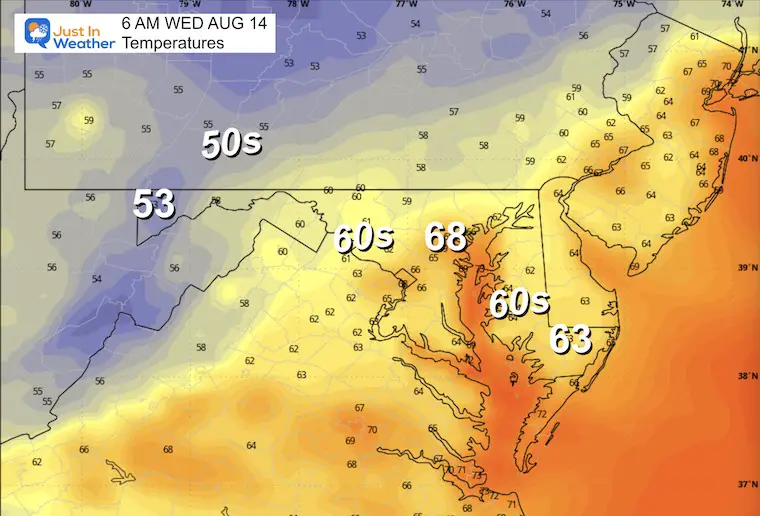 August 13 weather forecast temperatures Tuesday morning