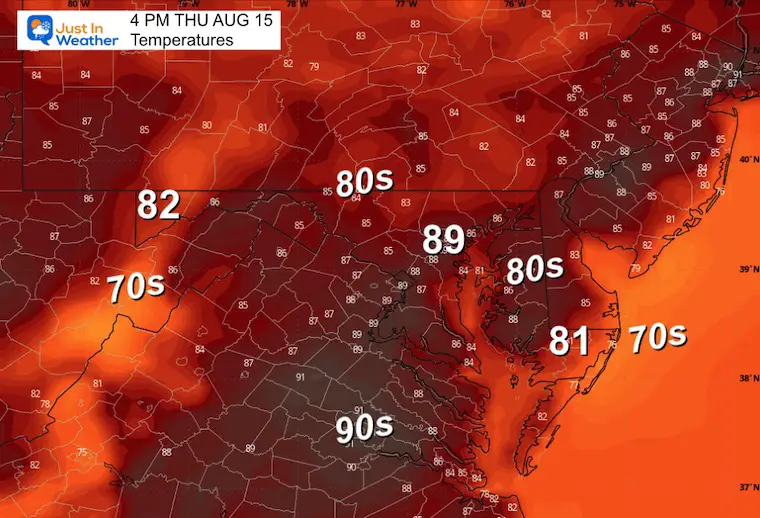 August 14 weather forecast temperatures Thursday afternoon 