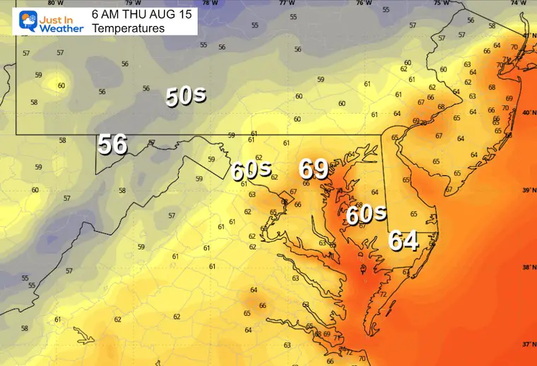 August 14 weather forecast temperatures Thursday morning