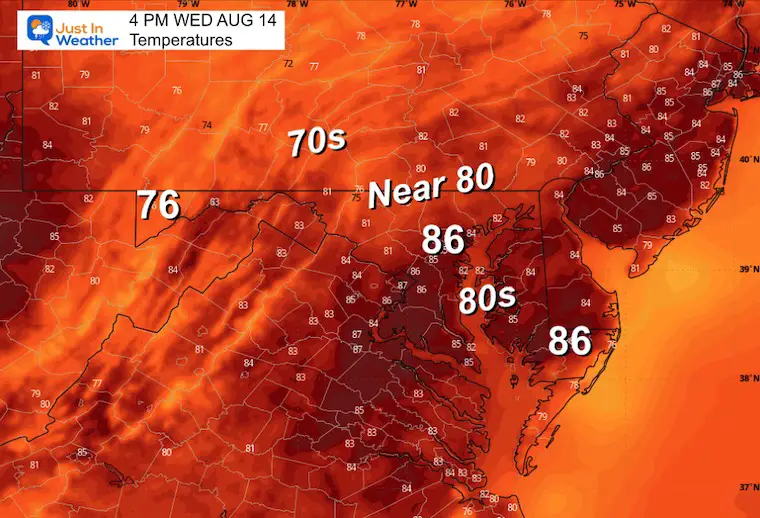 August 14 weather forecast temperatures Wednesday afternoon 