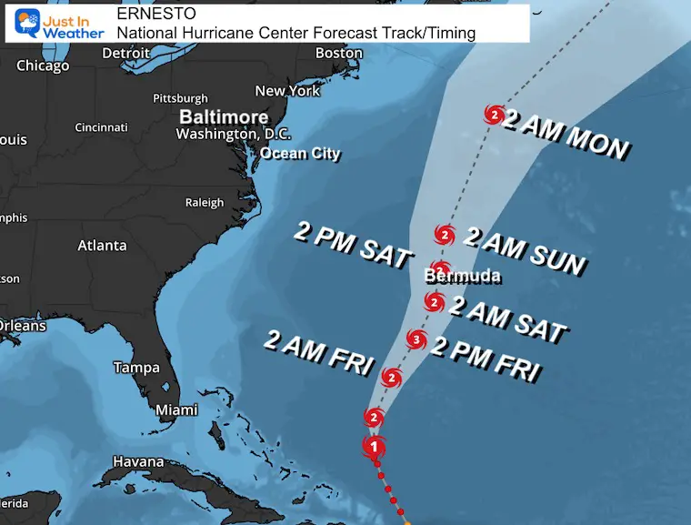 August 15 hurricane Ernesto forecast track timing National Hurricane Center