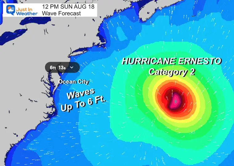 August 15 Hurricane Ernesto beach wave forecast Sunday