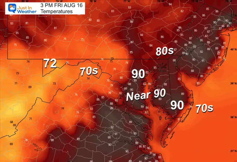 August 15 weather temperatures Friday afternoon