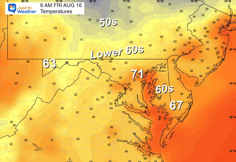 August 15 weather temperatures Friday morning