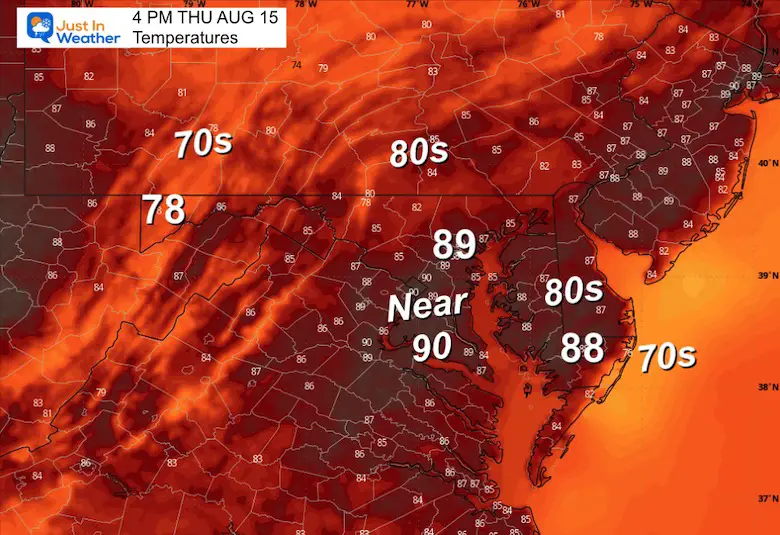 August 15 weather temperatures Thursday afternoon