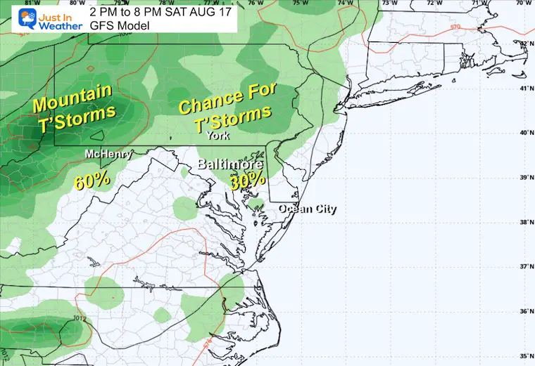 August 15 weather forecast thunderstorms Saturday