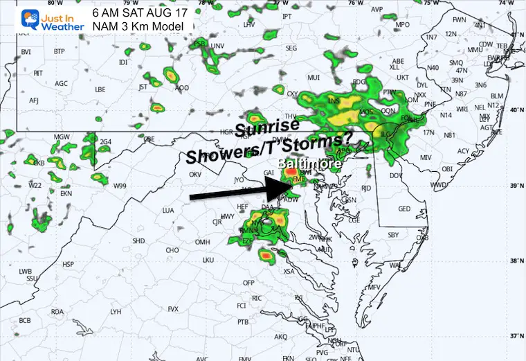 August 16 weather storm radar Saturday morning 6 AM