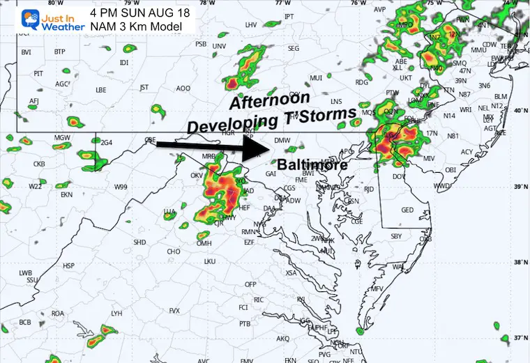 August 16 storm radar forecast Sunday afternoon 4 PM