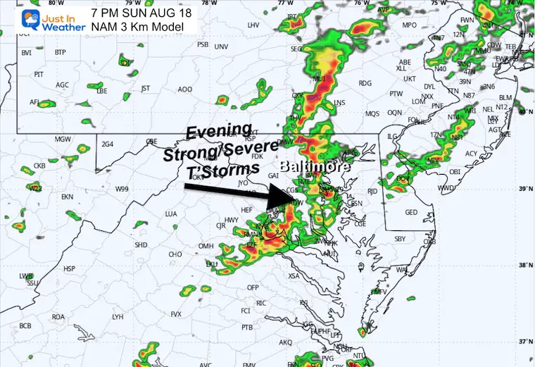 August 16 storm radar forecast Sunday evening 7 PM