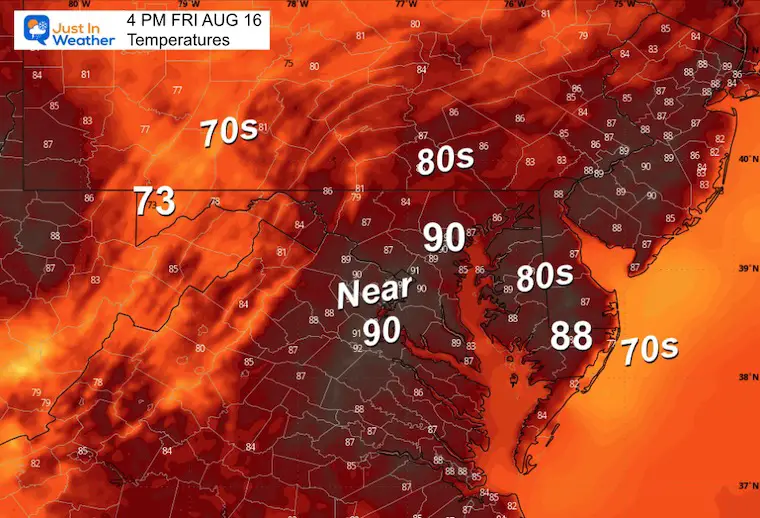 August 16 weather forecast temperatures Friday afternoon