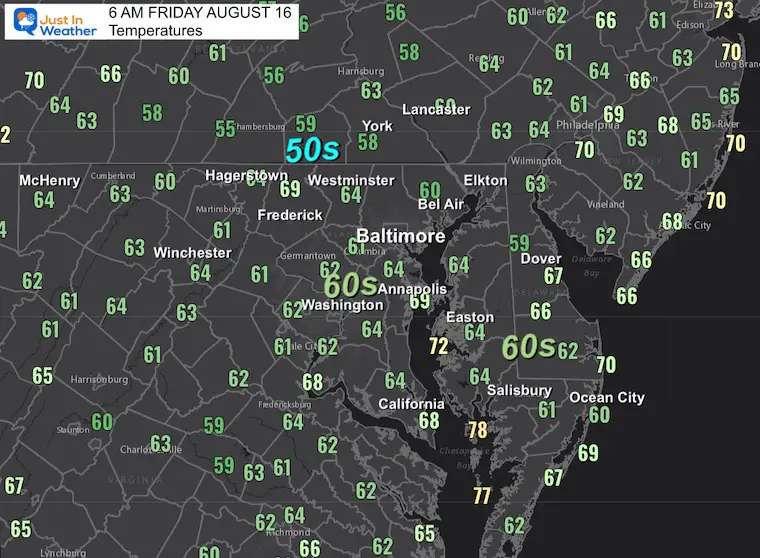 August 16 weather forecast temperatures Friday morning