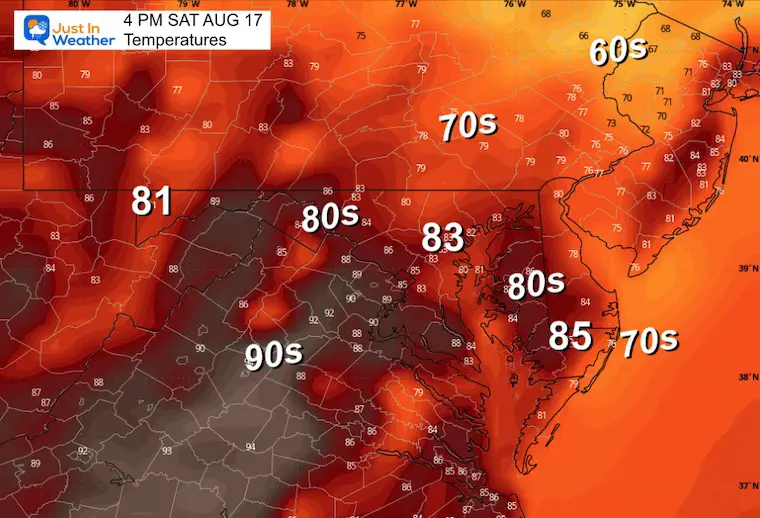 August 16 weather forecast temperatures Saturday afternoon