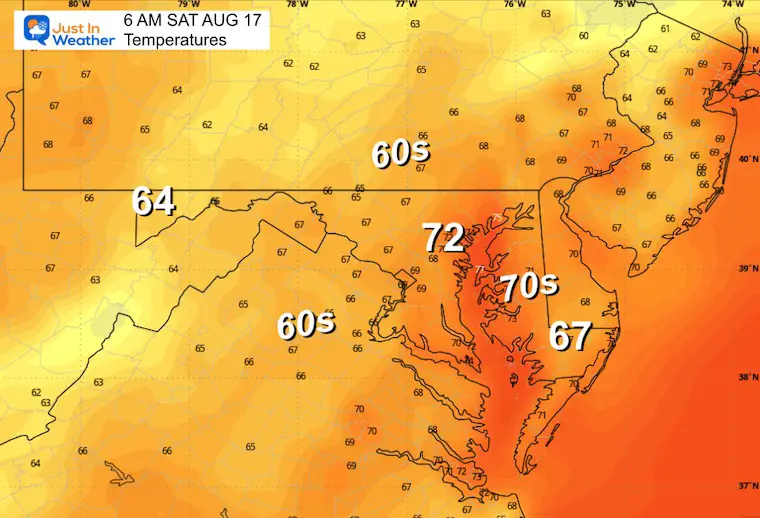 August 16 weather forecast temperatures Saturday morning