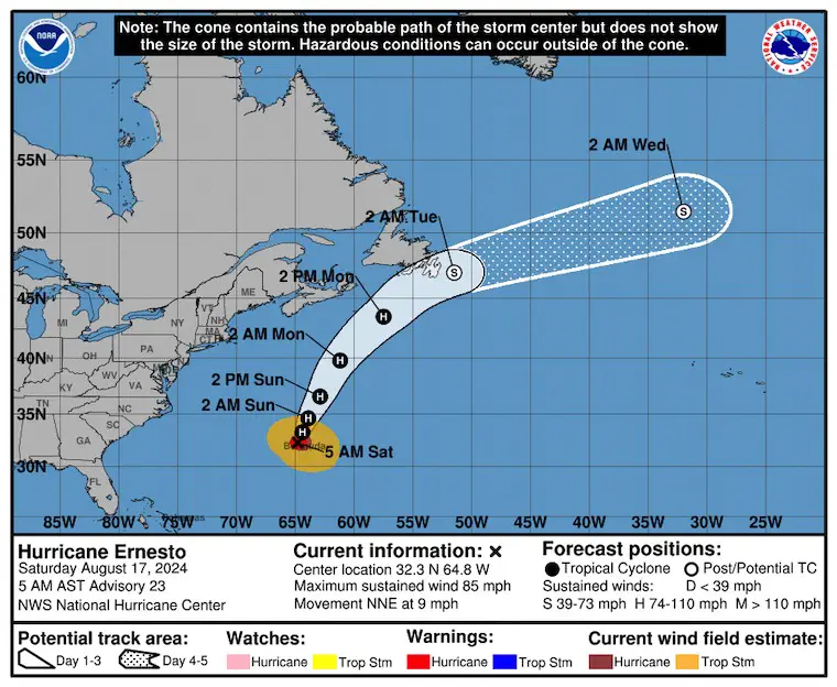 August 17 Hurricane Ernesto National Hurricane Center forecast track