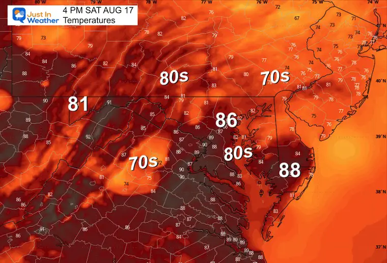 August 17 weather forecast temperatures Saturday afternoon