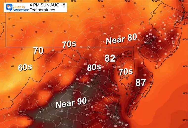 August 17 weather forecast temperatures Sunday afternoon