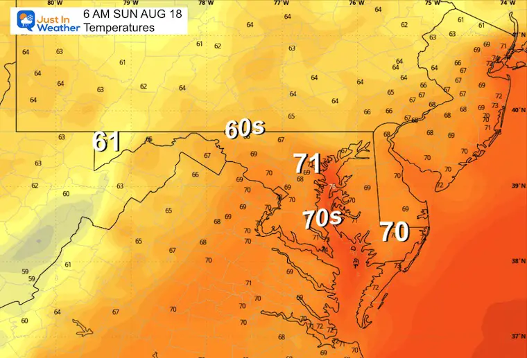 August 17 weather forecast temperatures Sunday morning