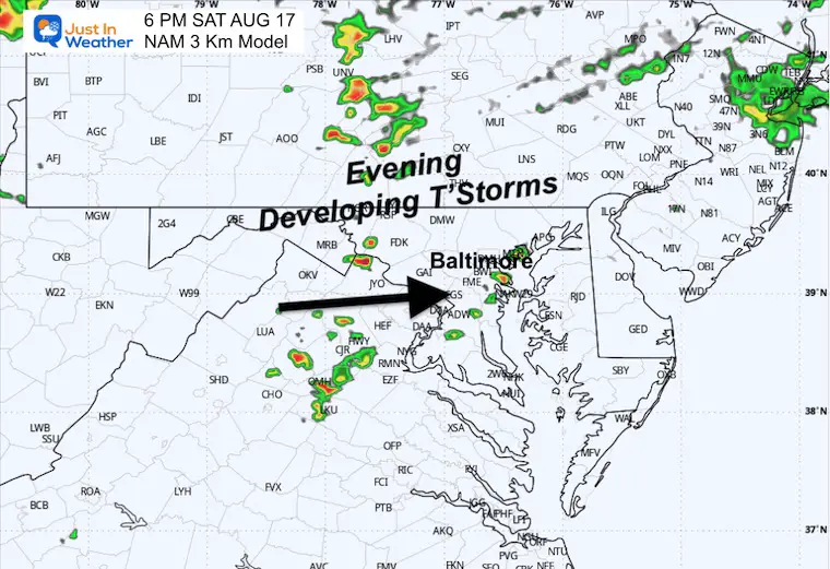 August 16 weather storm radar Saturday evening at 6 pm