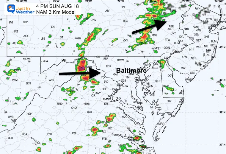 August 17 weather forecast storm radar Sunday afternoon 4 PM