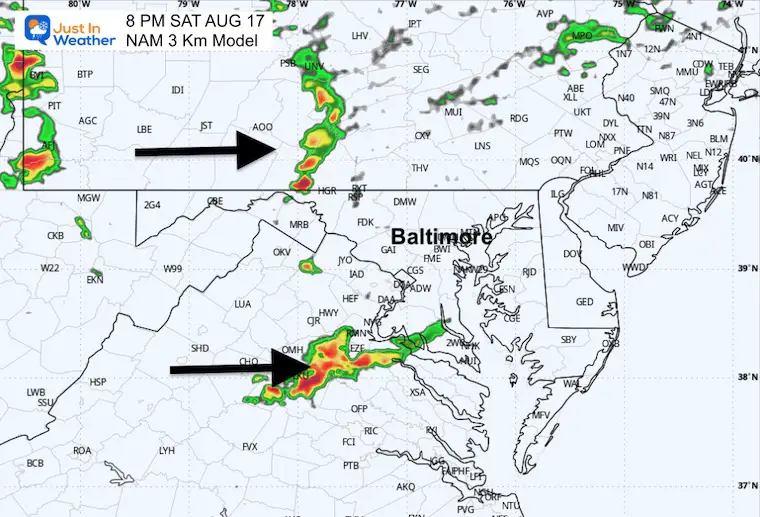 August 17 weather forecast storm radar Saturday evening