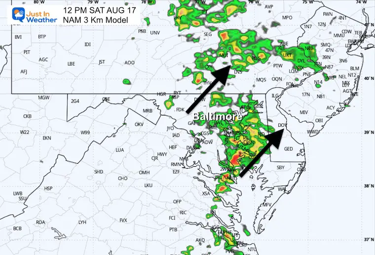 August 17 weather forecast storm radar Saturday afternoon