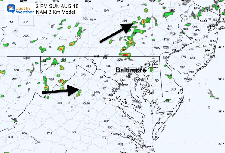 August 17 weather forecast storm radar Sunday afternoon 2 PM