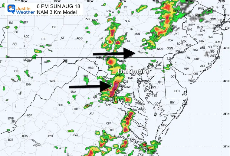 August 17 weather forecast storm radar Sunday evening