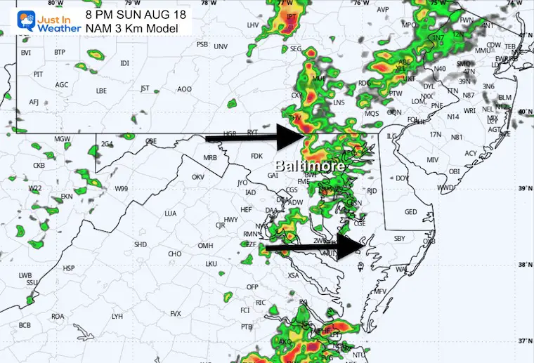 August 17 weather forecast storm radar Sunday evening