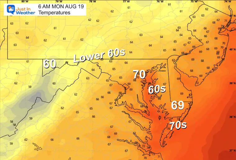 August 18 weather forecast temperatures Monday morning