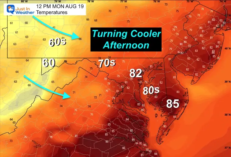 August 18 weather forecast temperatures Monday Noon