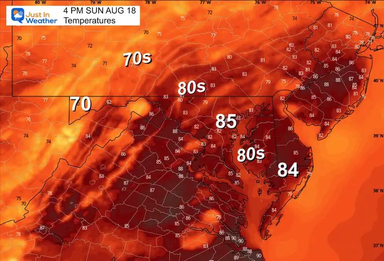 August 18 weather forecast temperatures Sunday afternoon 4 PM