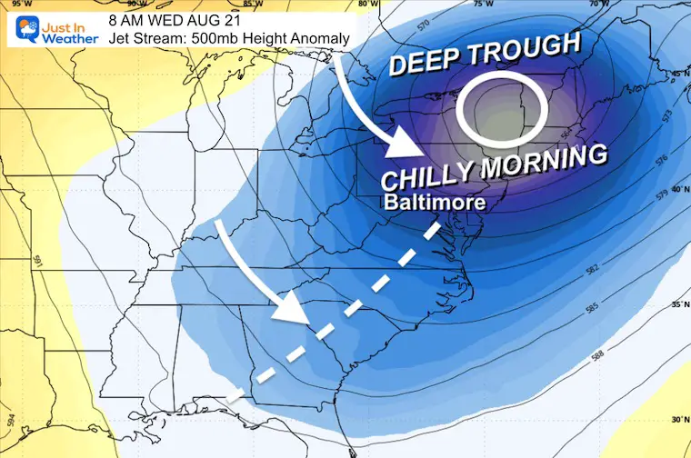 August 18 weather jet stream forecast colder Wednesday morning