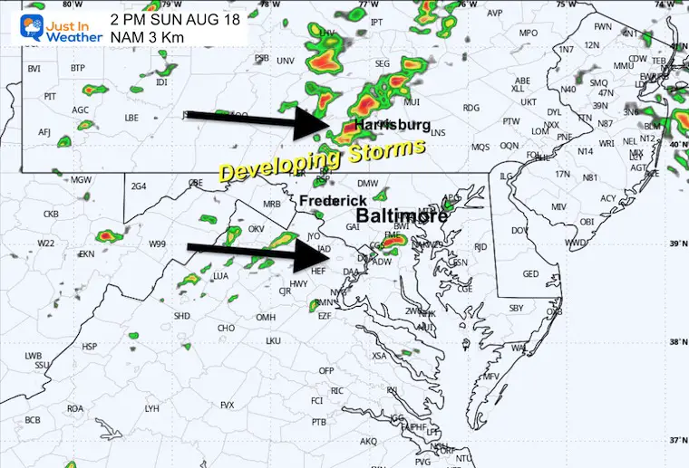 August 18 weather forecast storm radar Sunday afternoon 2 PM