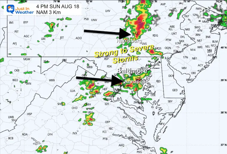 August 18 weather forecast storm radar Sunday afternoon 4 PM