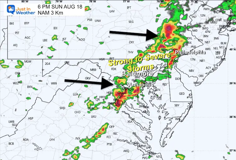 August 18 weather forecast storm radar Sunday evening 6 PM