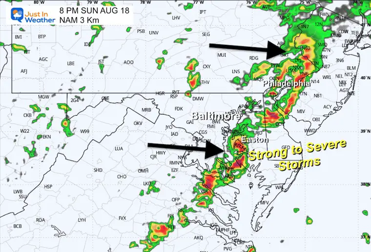 August 18 weather forecast storm radar Sunday evening 8 PM