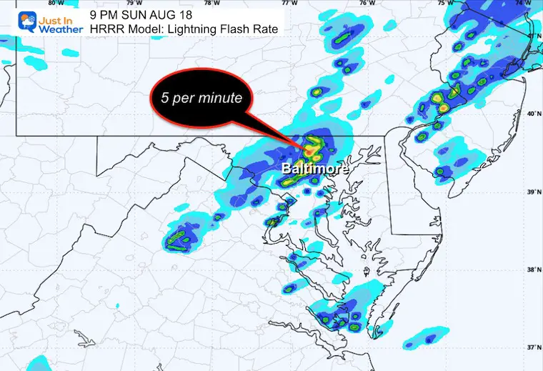 August 18 weather storm lightning forecast Sunday 9 PM