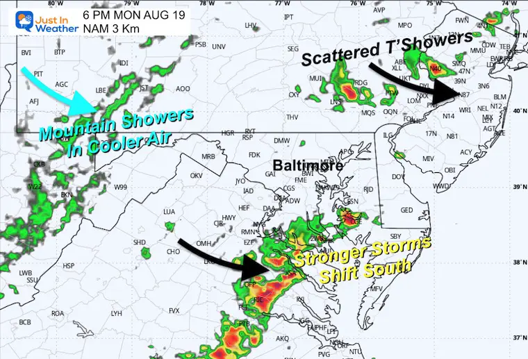 August 18 weather forecast storm radar Monday evening