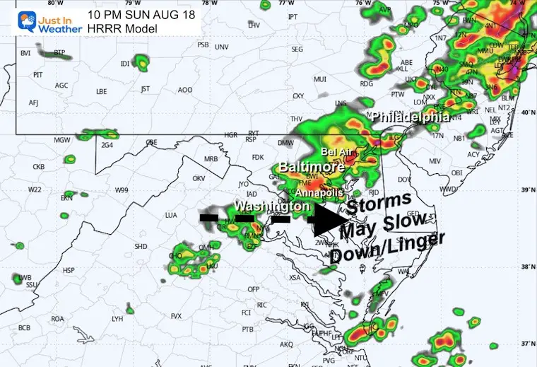 August 18 weather storm radar forecast Sunday 10 PM