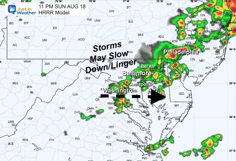 August 18 weather storm radar forecast Sunday 11 PM